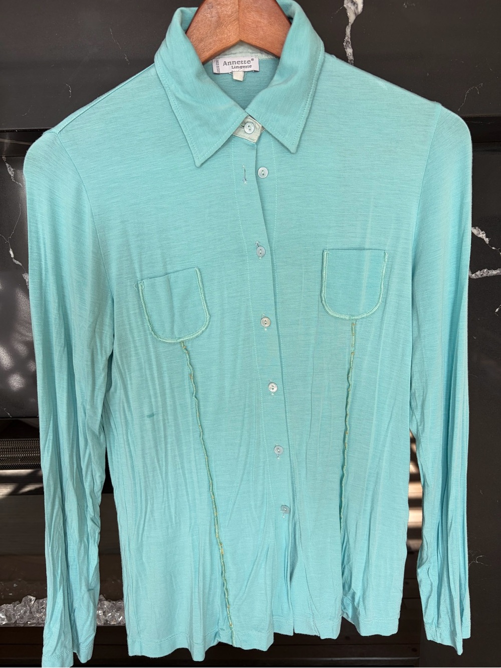 Italian Tiffany Light Teal color Long-Sleeve, Button Front Pajama Top & Bottom